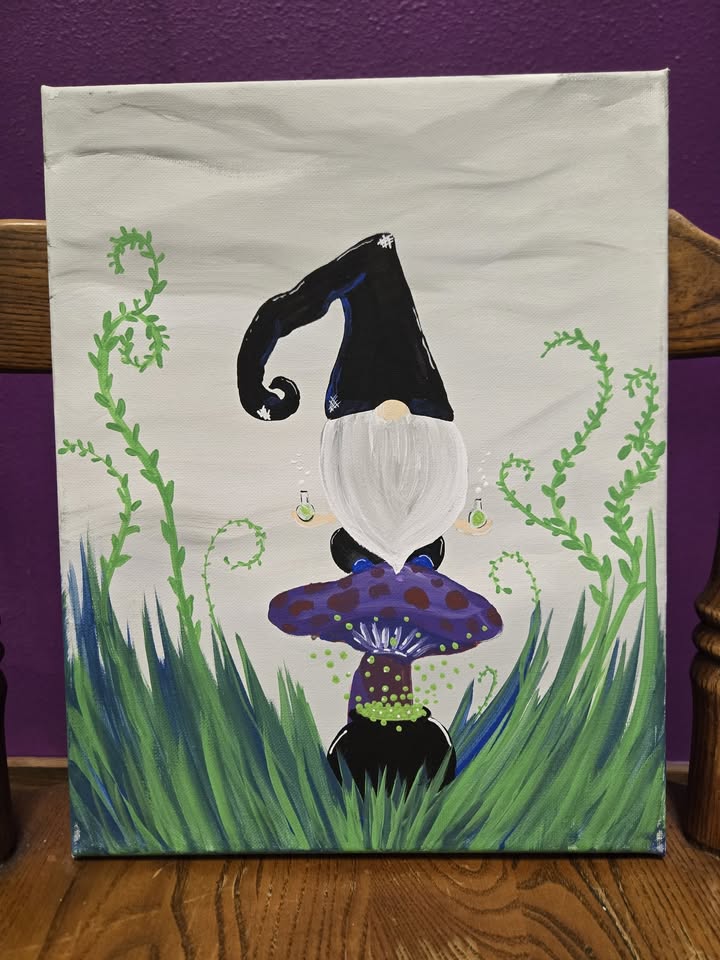 painting of a gnome sitting on a mushroom