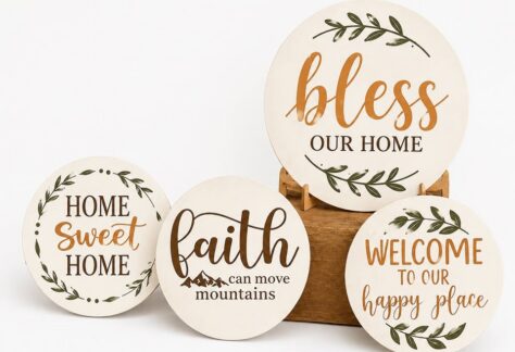 A selection of round wood signs with sayings painted on them