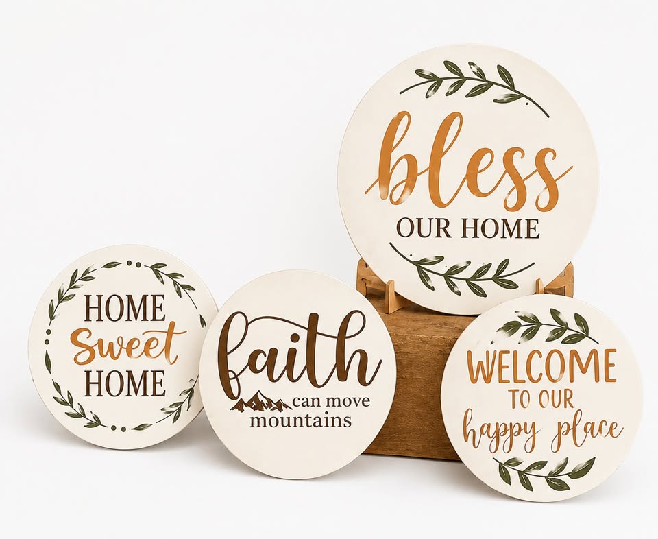 A selection of round wood signs with sayings painted on them