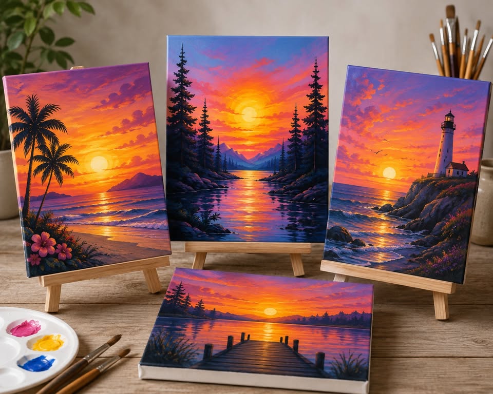 Several canvases with sunset paintings
