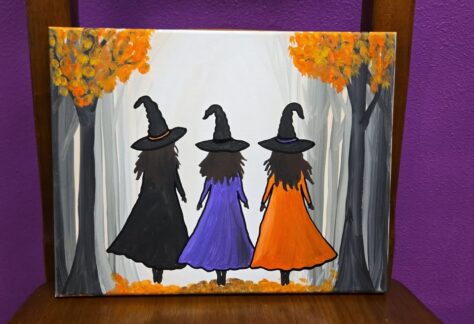 Canvas painting of three witches walking away