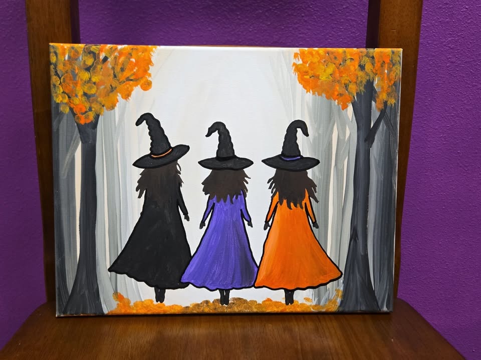 Canvas painting of three witches walking away