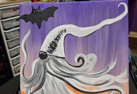 a painting of a bearded ghost gnome with a bat flying overhead