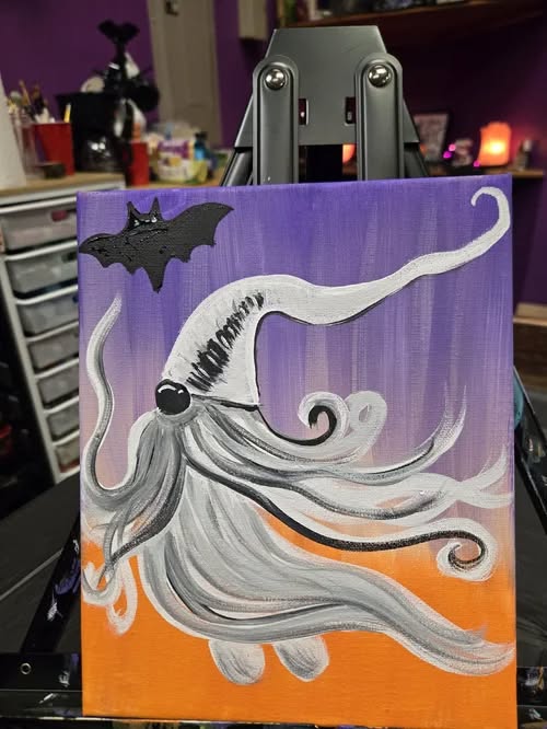 a painting of a bearded ghost gnome with a bat flying overhead