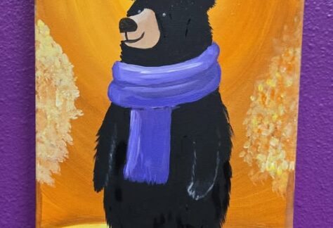 A canvas painting of a bear in a scarf
