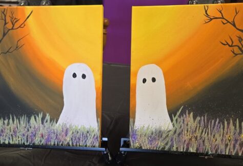 two canvas paintings that when put side by side show two ghosts under the full moon