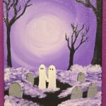 A canvas painting of two little ghosts in the woods