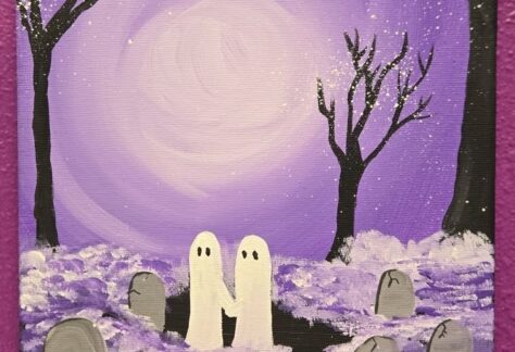 A canvas painting of two little ghosts in the woods