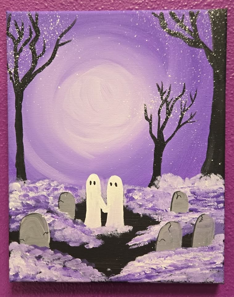 A canvas painting of two little ghosts in the woods