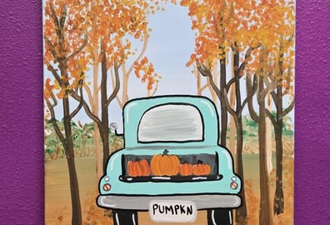 A painting of a vintage truck with pumpkins in the back