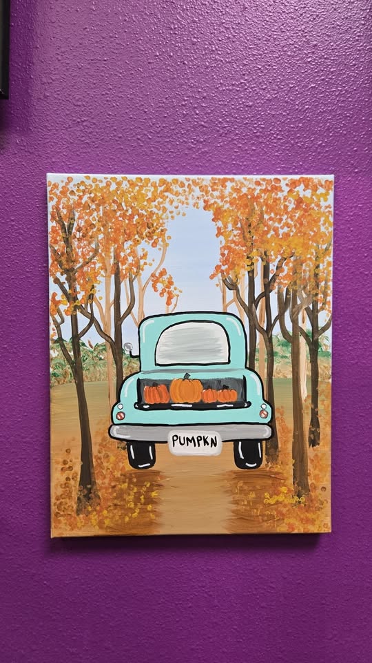 A painting of a vintage truck with pumpkins in the back