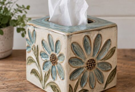 A ceramic tissue box with blue flowers